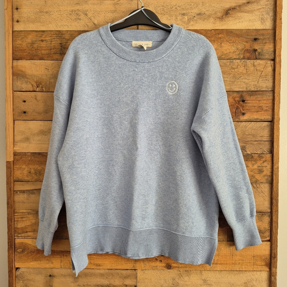 Happily Grey Smiley Face Logo Crewneck Sweater L/S Women's Medium Light Blue